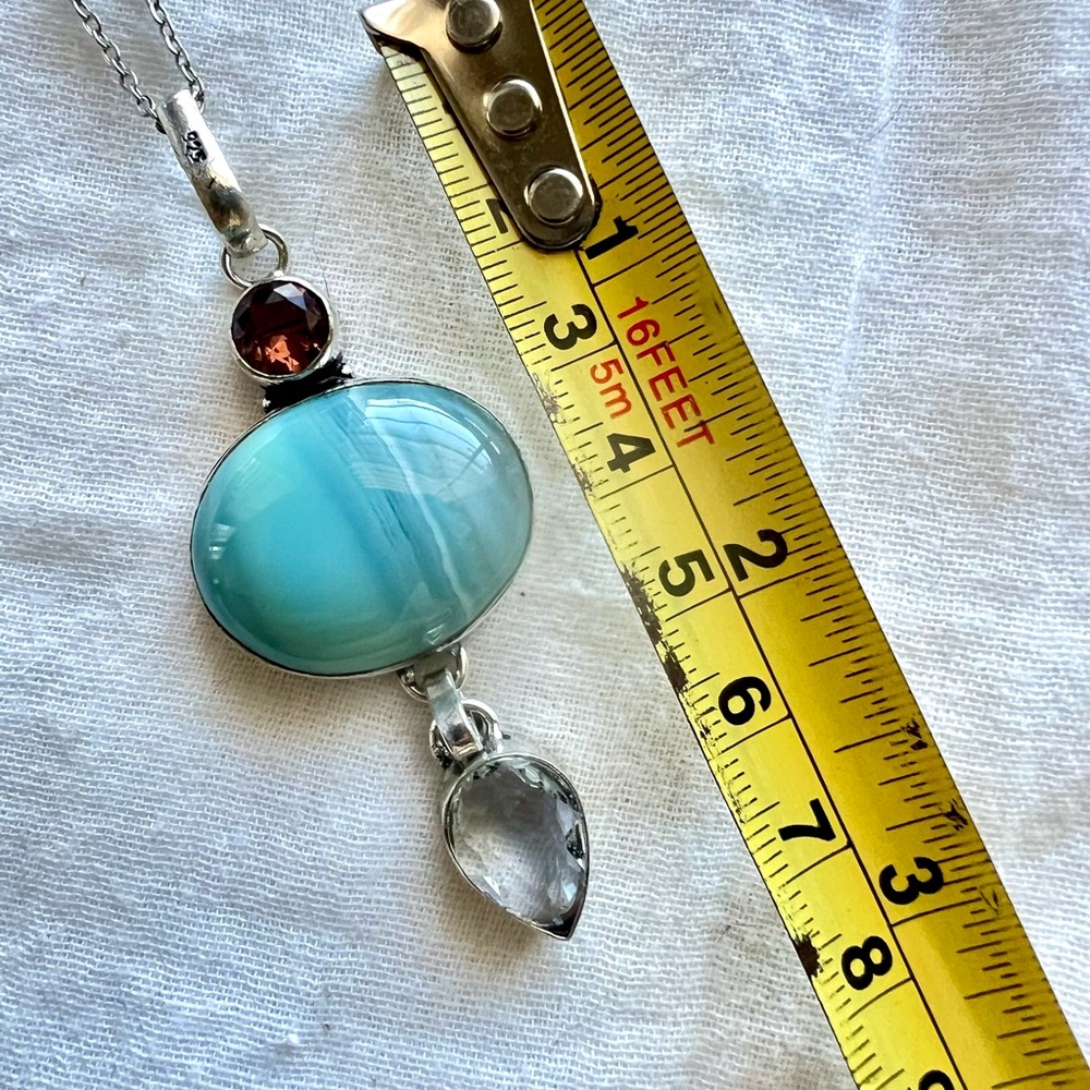 925 Feminine Beautiful! Blue Agate + Topaz Necklace Pendant - Picture 4 of 7